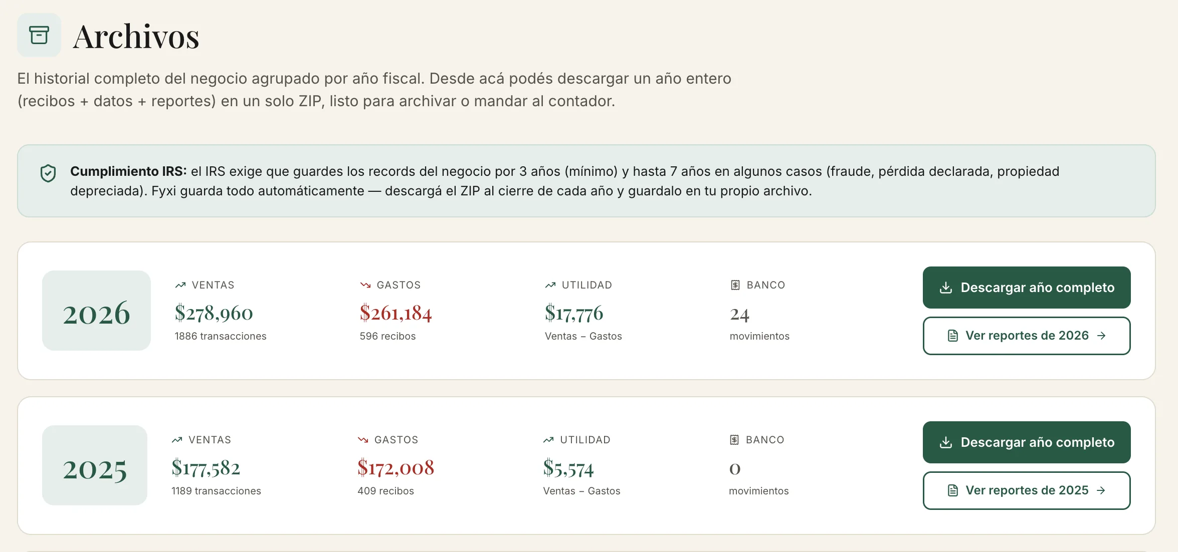 Página de Archivos con historial anual y descarga ZIP
